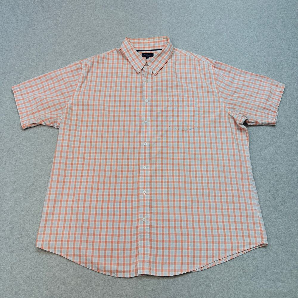 Croft & Barrow Shirt Mens XXL Button Up Orange White Plaid Short Sleeve Collared